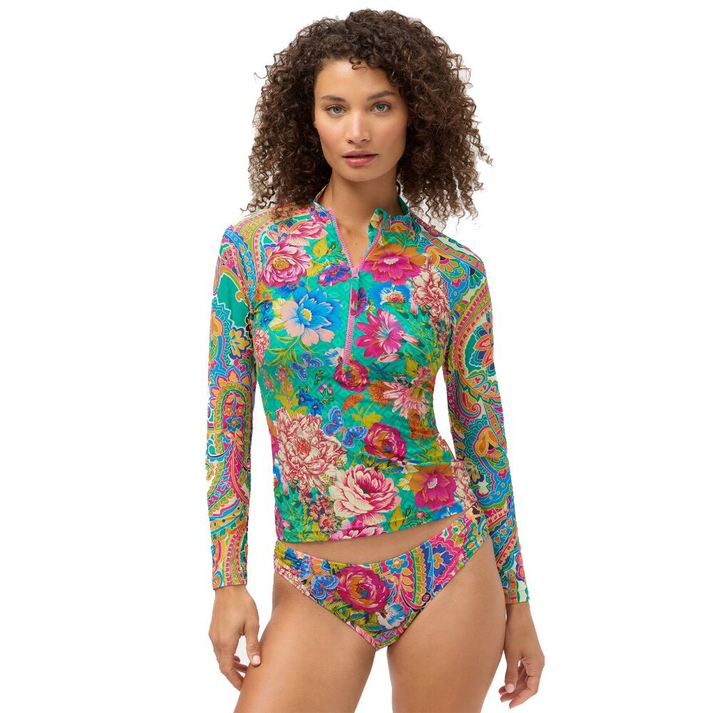 Johnny Was Sweetspire Long Surf Shirt Swim Green Floral Zip Rash Guard Top  NEW